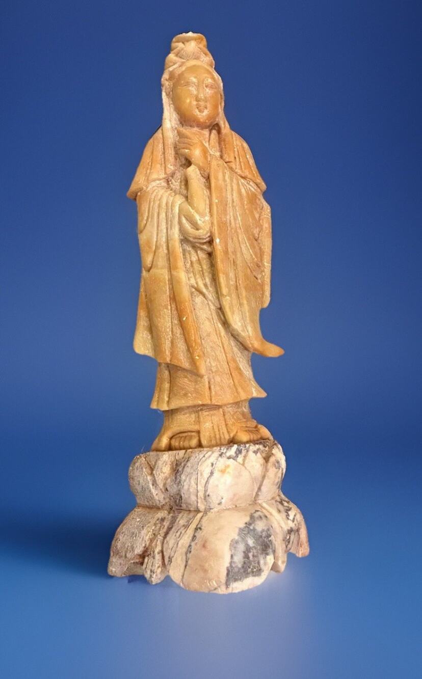 Chinese Celadon Soapstone Figure Of Kuan Yin, Early 20th Century 10”